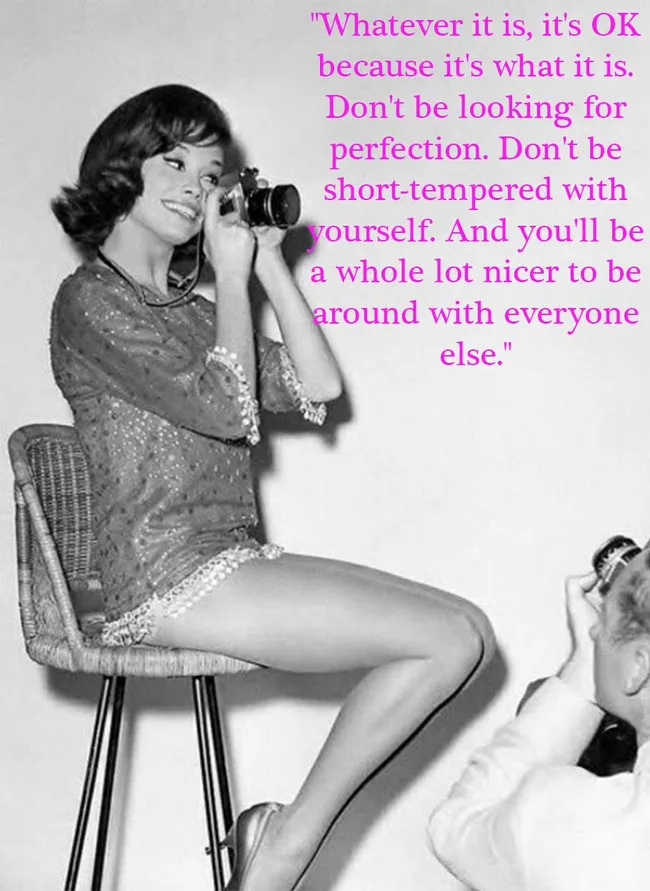 Black and white photo of a woman sitting on a chair, holding a camera, with a quote next to her.