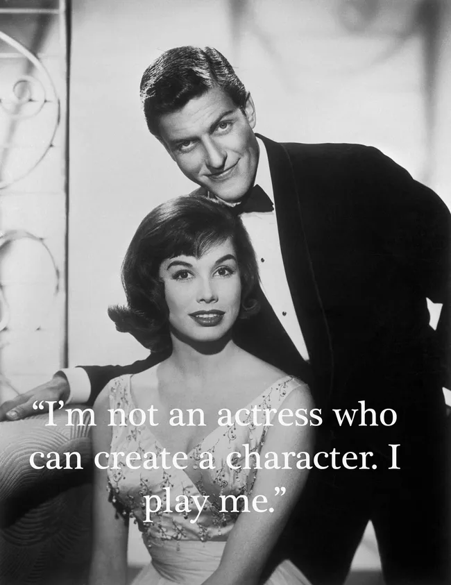 Vintage black-and-white photo of a smiling couple in formal attire, with a quote overlay about acting authenticity.