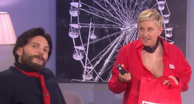 Ellen DeGeneres tries out bondage with Fifty Shades of Grey star