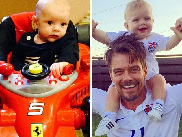 Young child in a toy car; man with a toddler on shoulders wearing a USA soccer jersey outdoors.