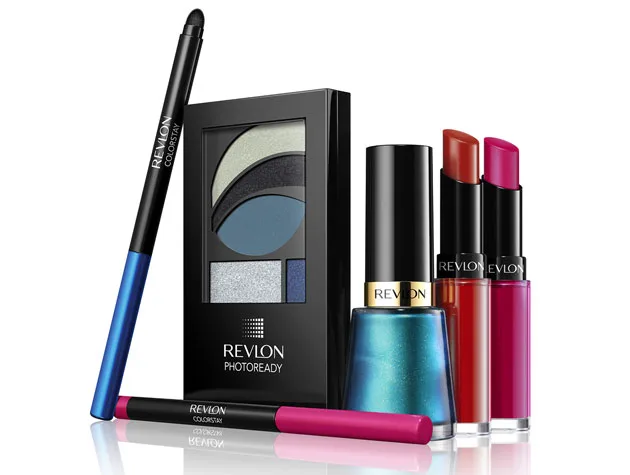 Revlon makeup set with lipstick, nail polish, eyeshadow palette, and eyeliners in vibrant colors.