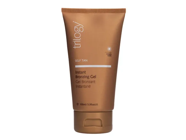 Trilogy Instant Bronzing Gel tube, 100ml, with copper-colored packaging on a white background.