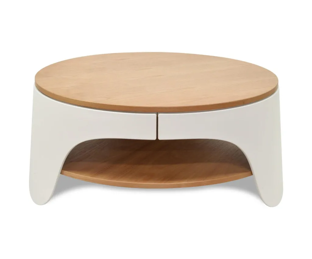 white and timber coffee table with storage