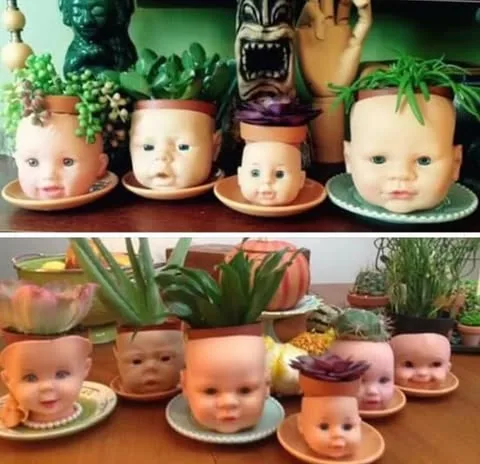 Dolls heads with plants growing out of the top