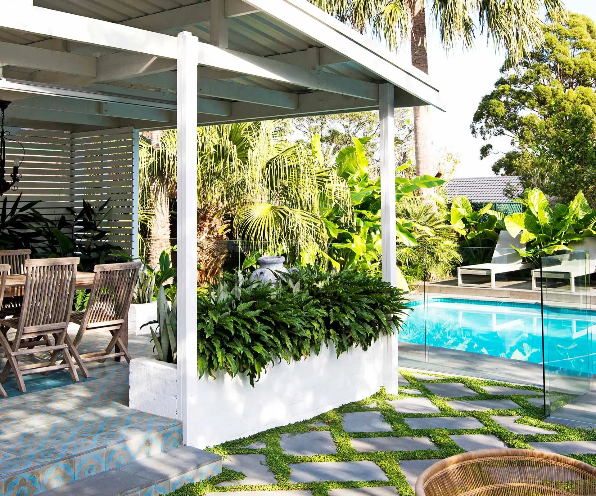 A tropical backgarden with a swimming pool in Sydney