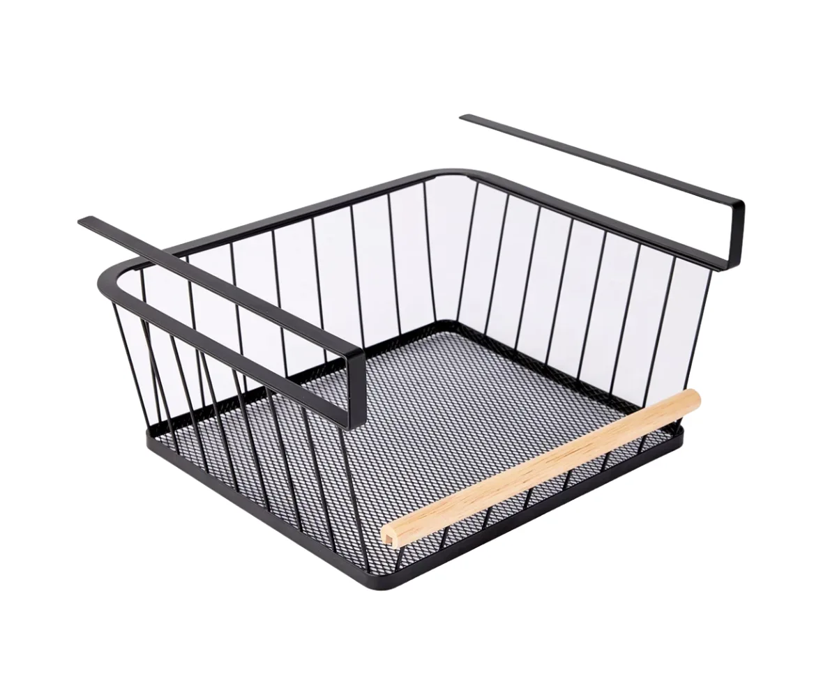 A hanging black shelf with timber rail