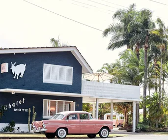 The retro exterior of Chalet Motel in Brunswick Heads