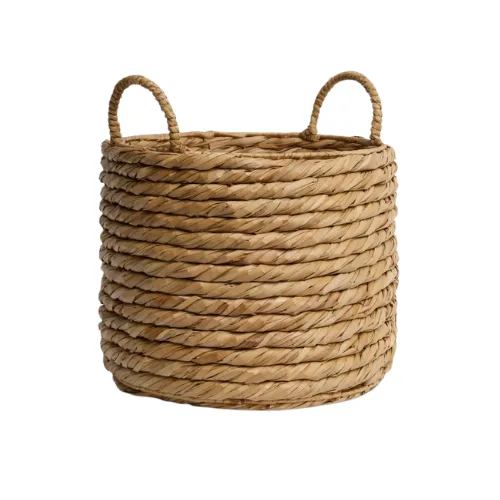 A round rattan basket