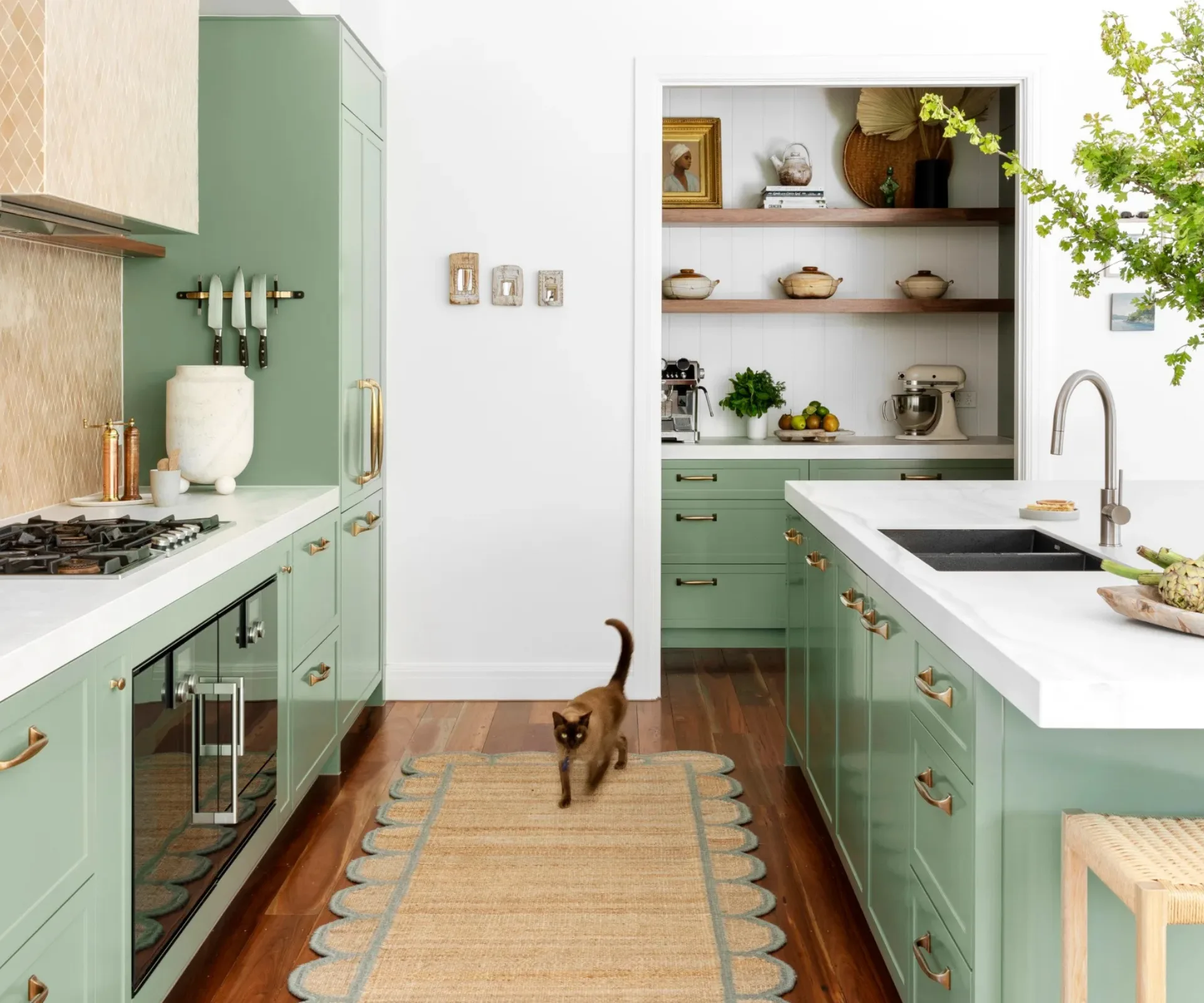 A Burmese cat runs along a jute rug in a green and white kitchen