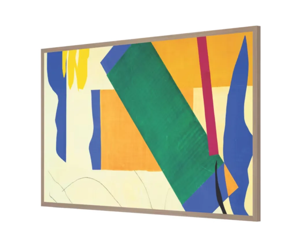 A Hisense Canvas smart tv with a teak frame