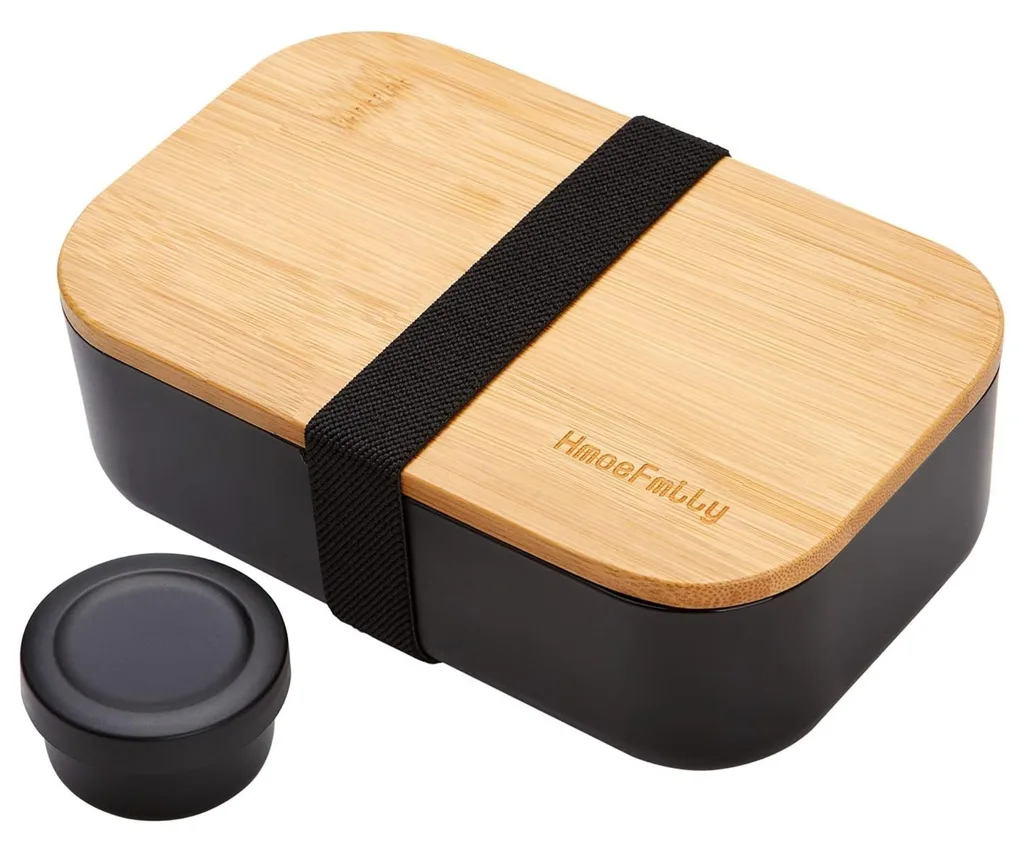 Black bento box with bamboo lid