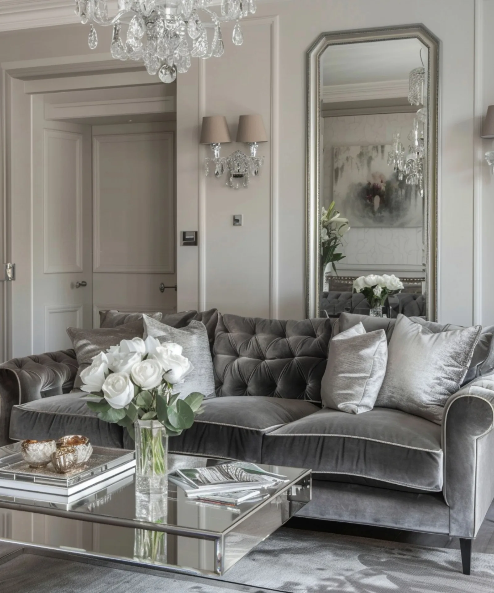 A grey living room with a grey velvet sofa, chandelier and mirrored coffee table