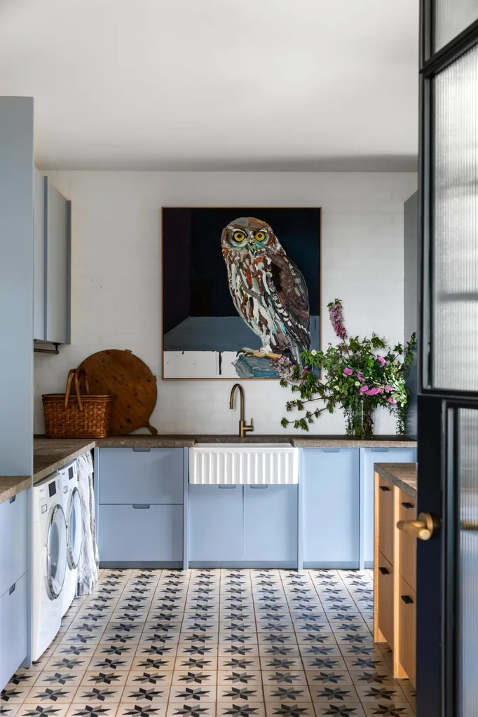 A blue laundry within a modern country home on the Mornington Peninsula