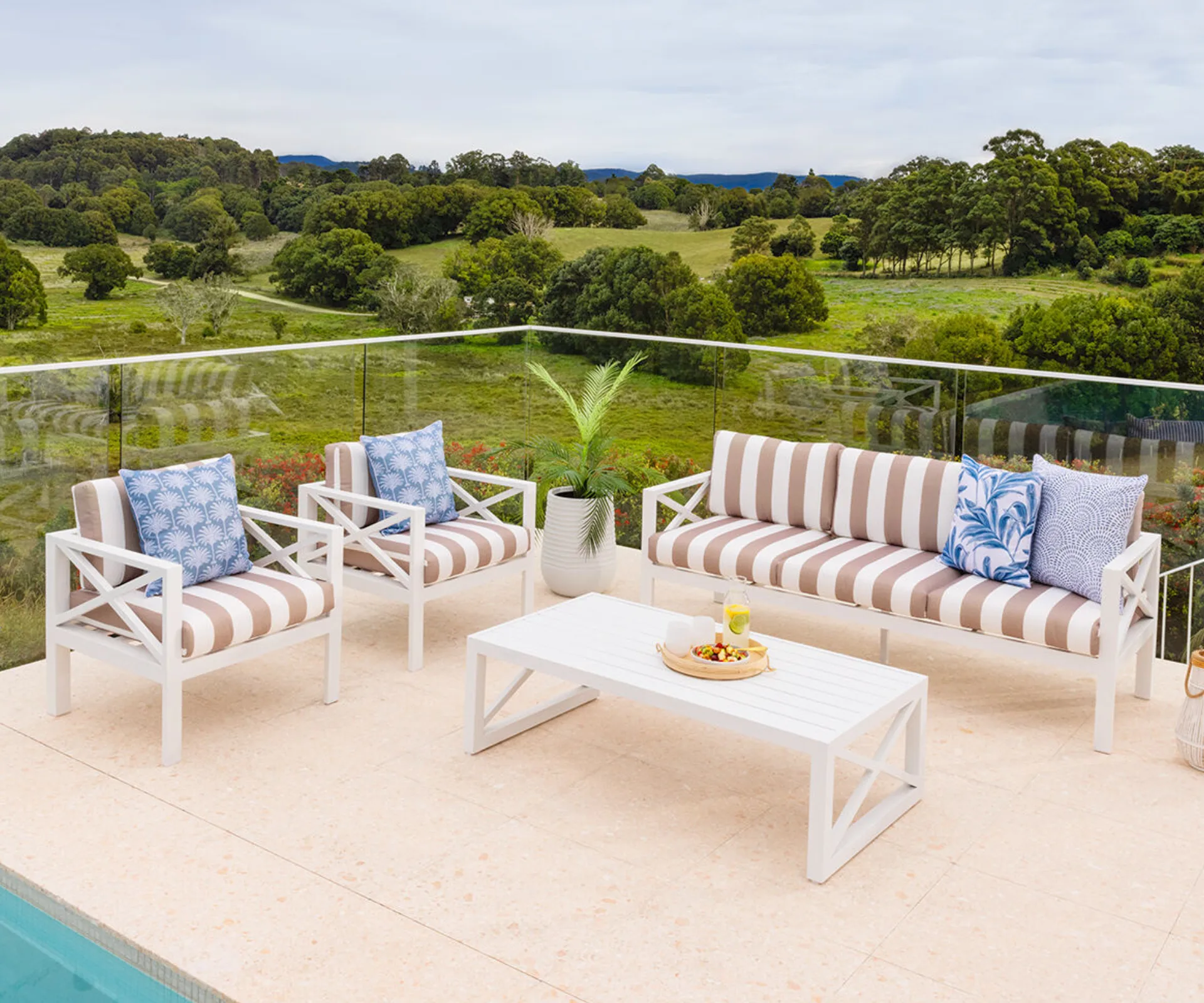 A striped four-piece outdoor lounge setting