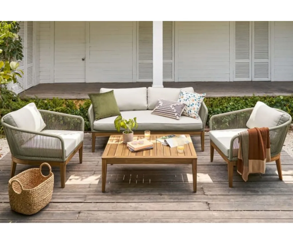 Outdoor two Seater Sofa with two Lounge Chairs and a coffee table