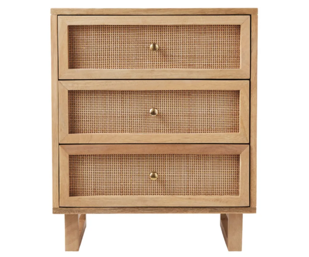 Natural rattan three drawer bedside table