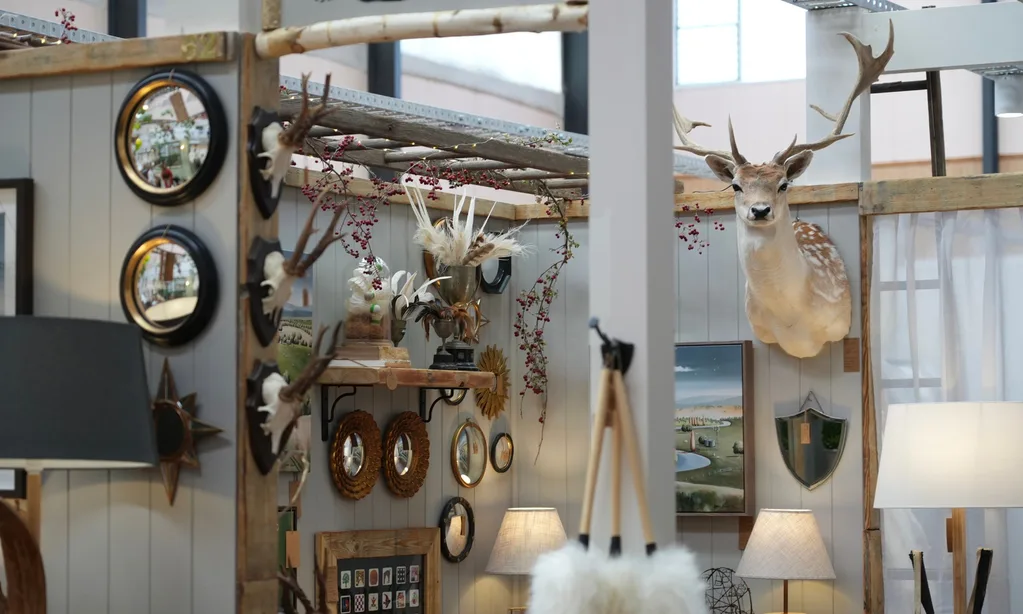 Antique mirrors and a mounted deer's head.