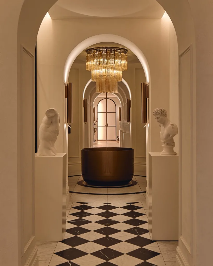 A luxurious bathhouse with check floors
