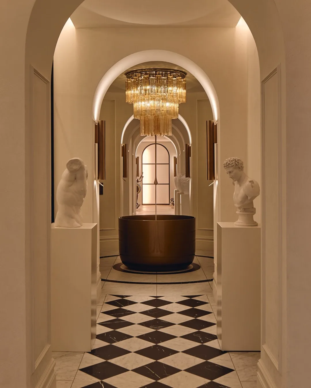 A luxurious bathhouse with check floors