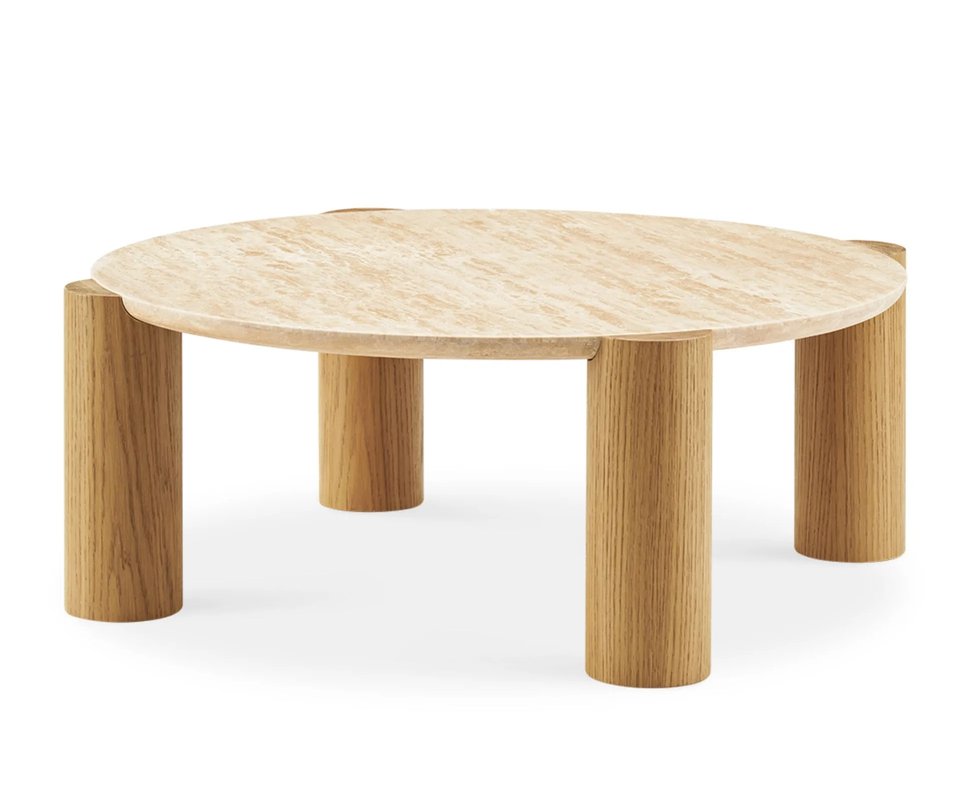 Travertine and oak modern round coffee table