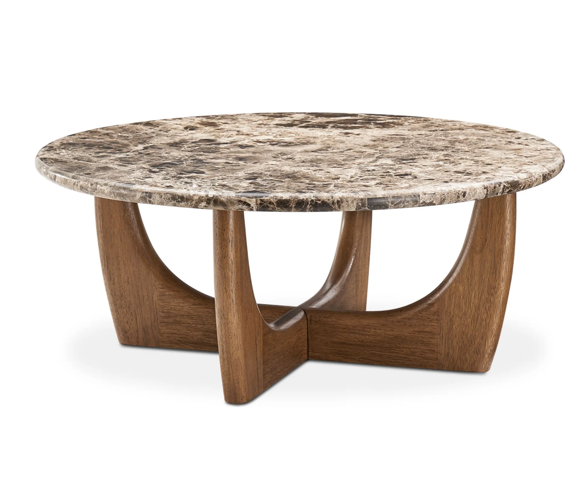 modern coffee table with walnut base and Damascus marble top