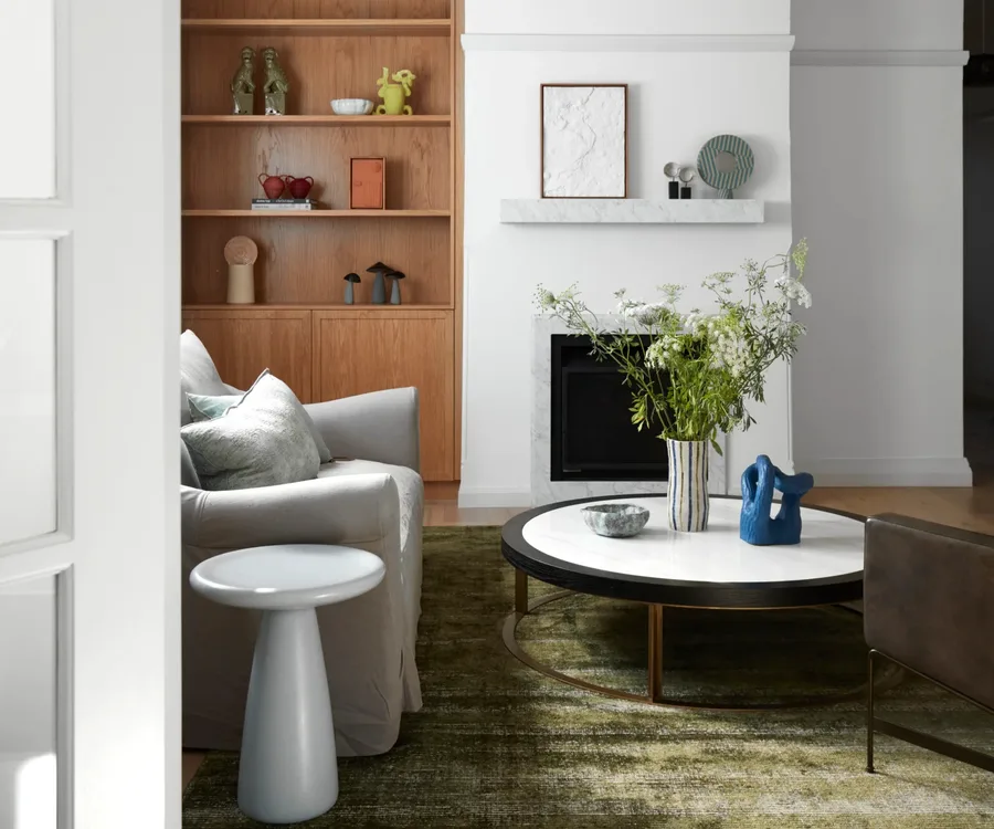 A living space with a green rug, built in shelving and a fireplace