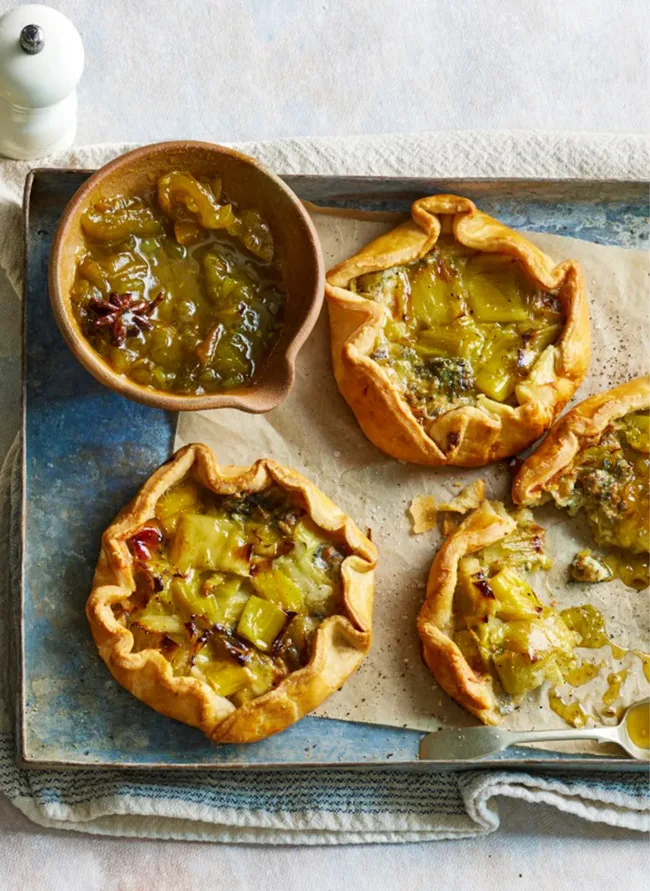 A tray of leek and gorgonzola tarts