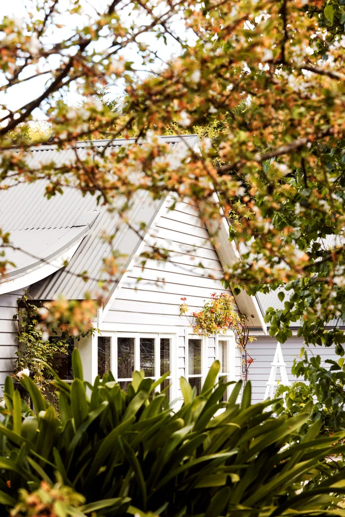 A glimpse of a weatherboard home with a pitched roof