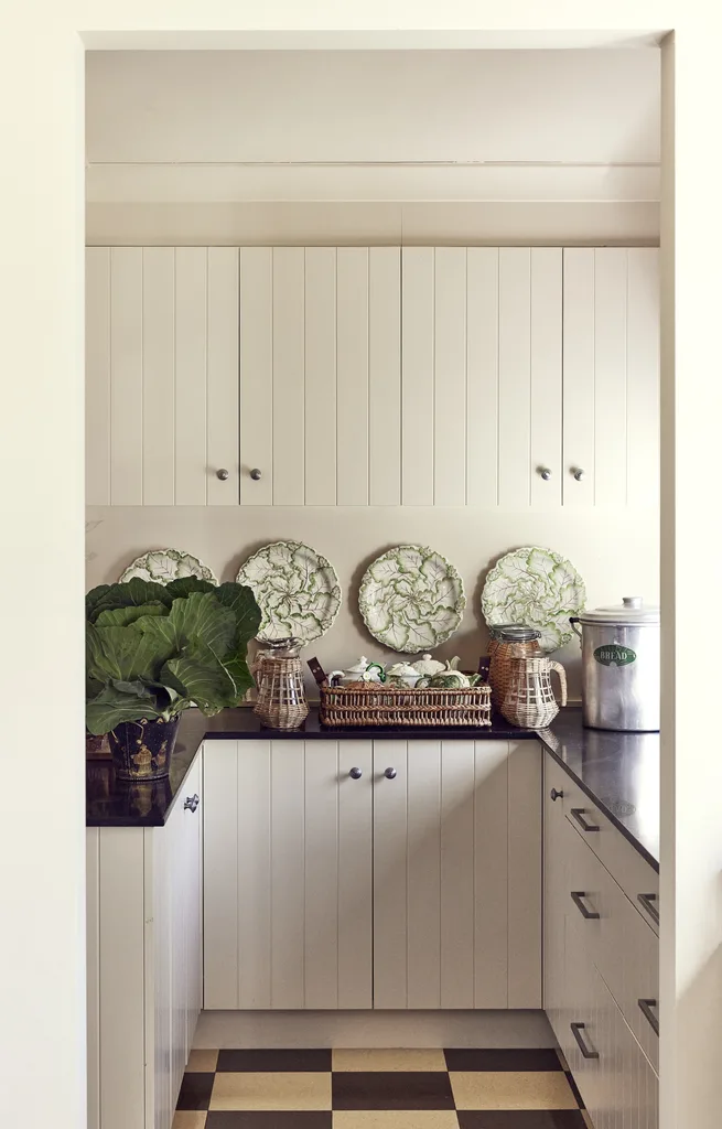 White cabinetry and black benchtops in a kitchen