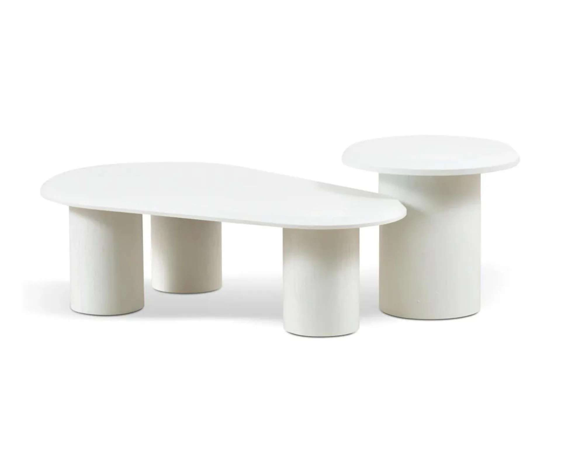 Nested white coffee tables in a pebble shape