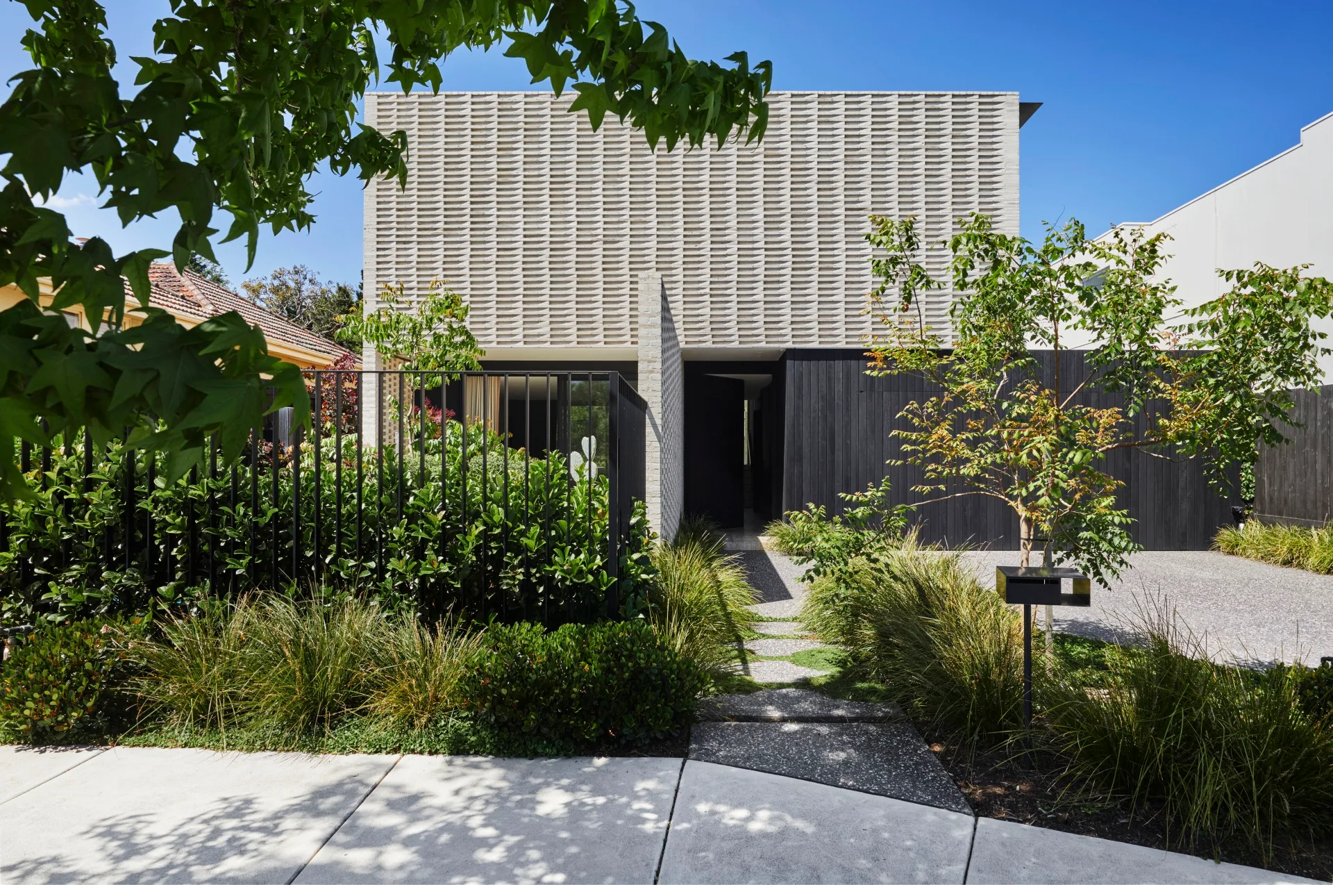 Breezeblock and timber facade of Perry House in southeast Melbourne
