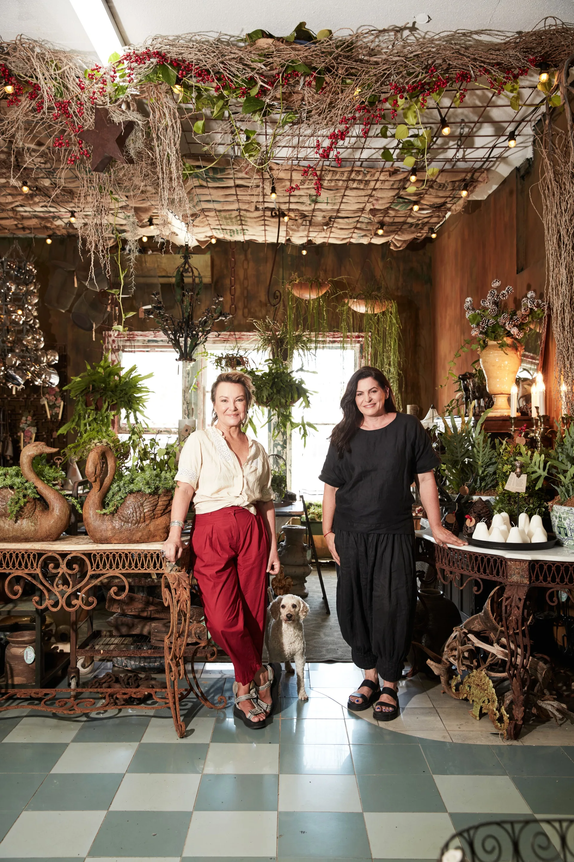Patti Southern and Laura Lalaurette, owners of antique furniture store, The Merchants Warehouse standing in their store with Rufus a Cavoodle