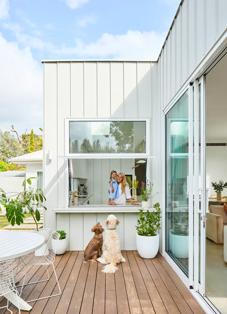 two dogs on a timber deck looking up at a kitchen servery window