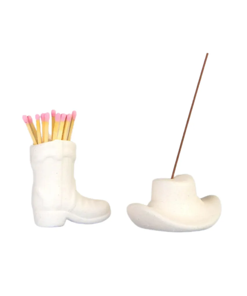 A boot and hat-shaped incense holder and match stick holder