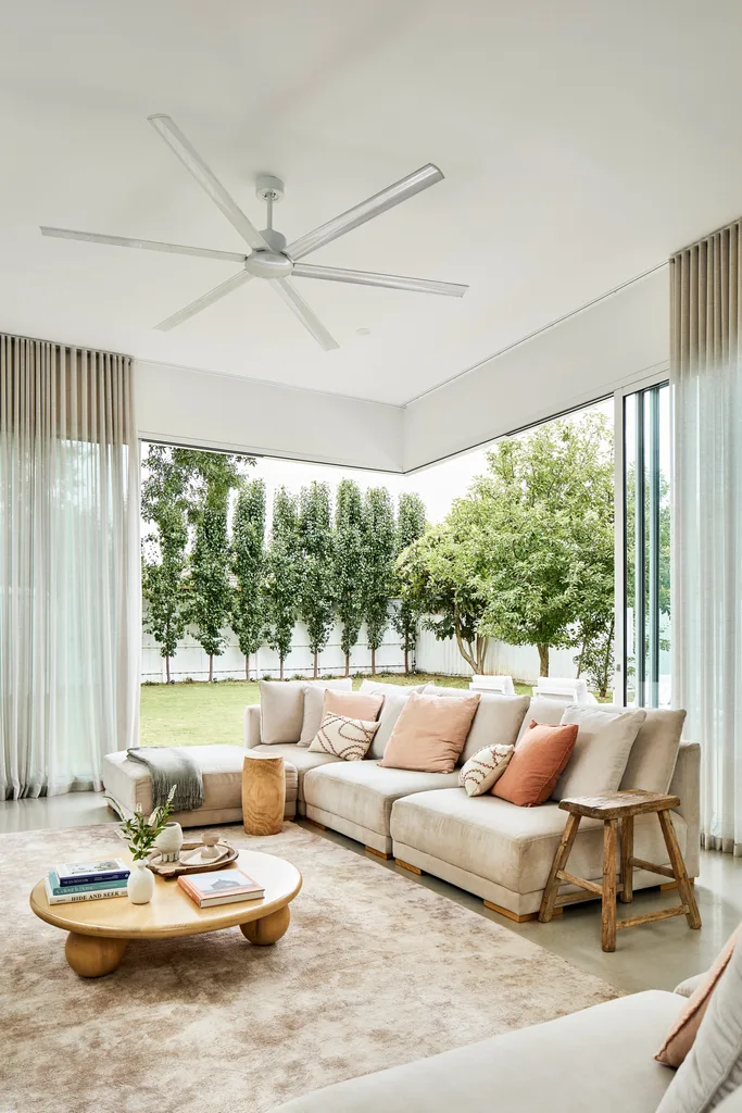 neutral toned sofa in an open contemporary living area