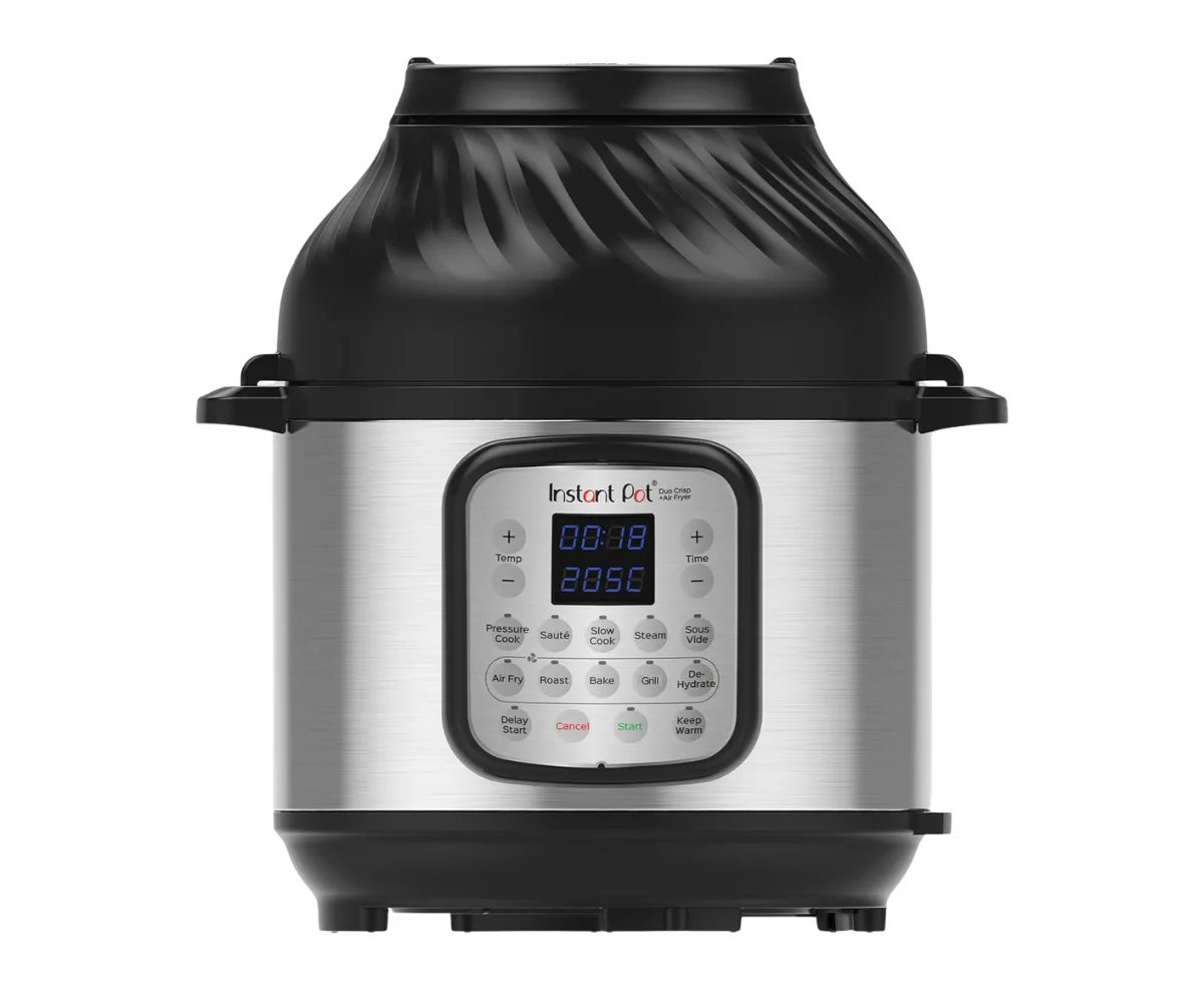 A white and silver Instant Pot with an integrated air fryer