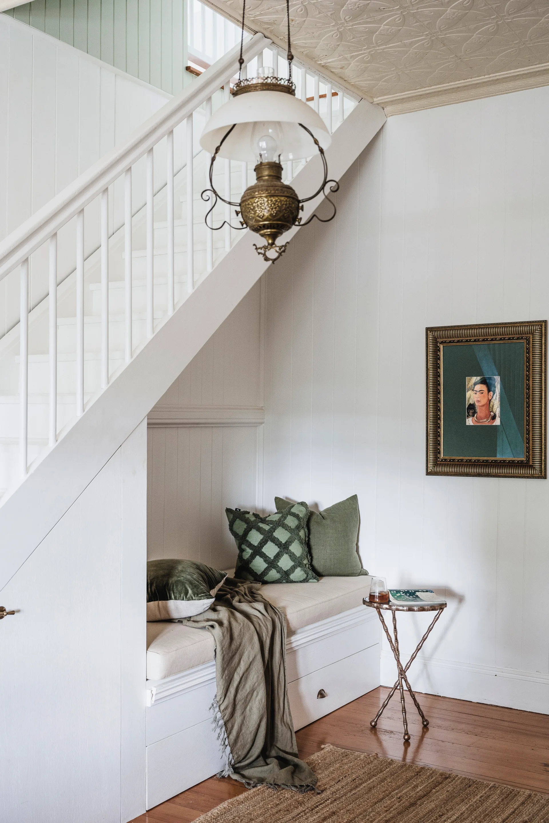 upholstered bench seat under stairs
