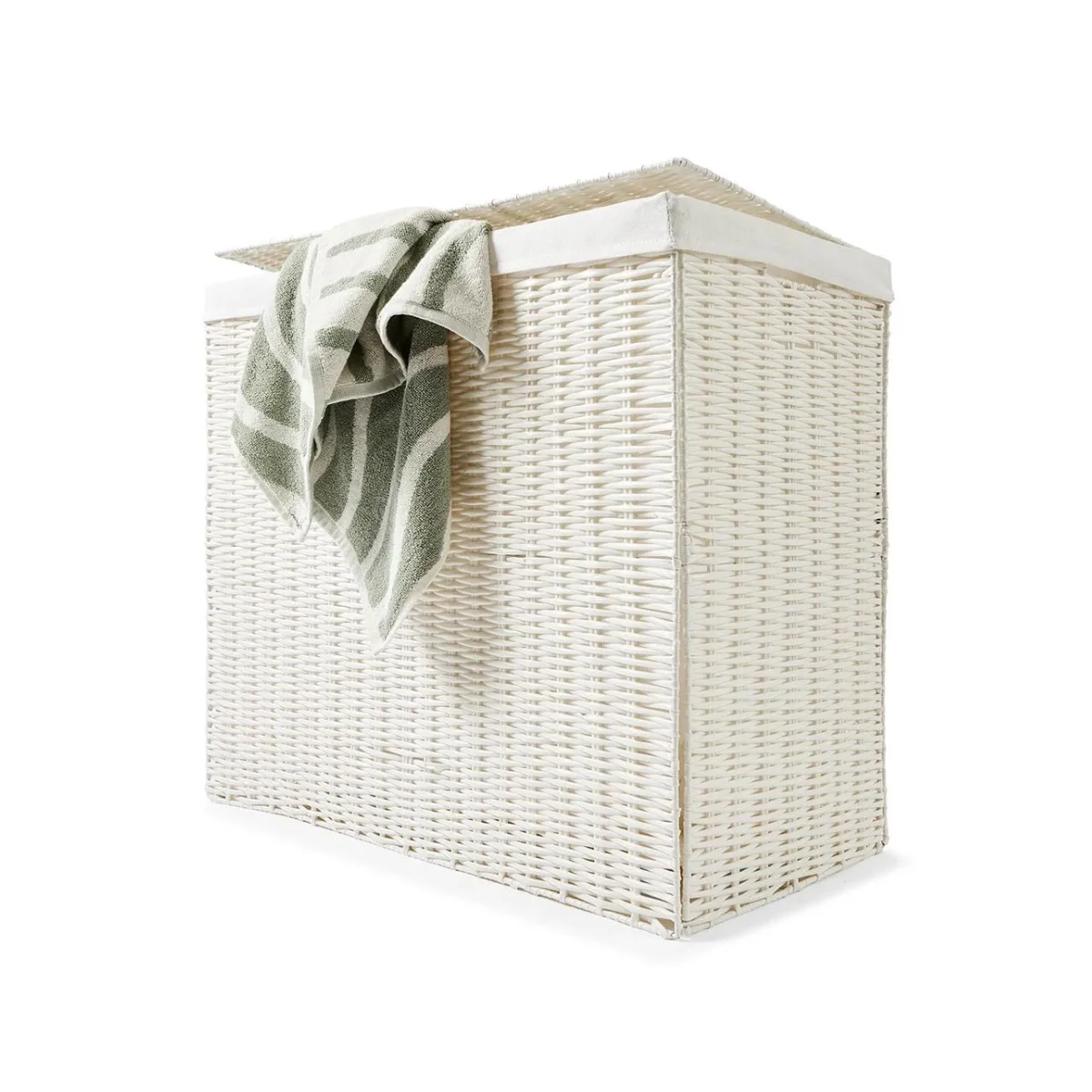 A white rattan laundry hamper