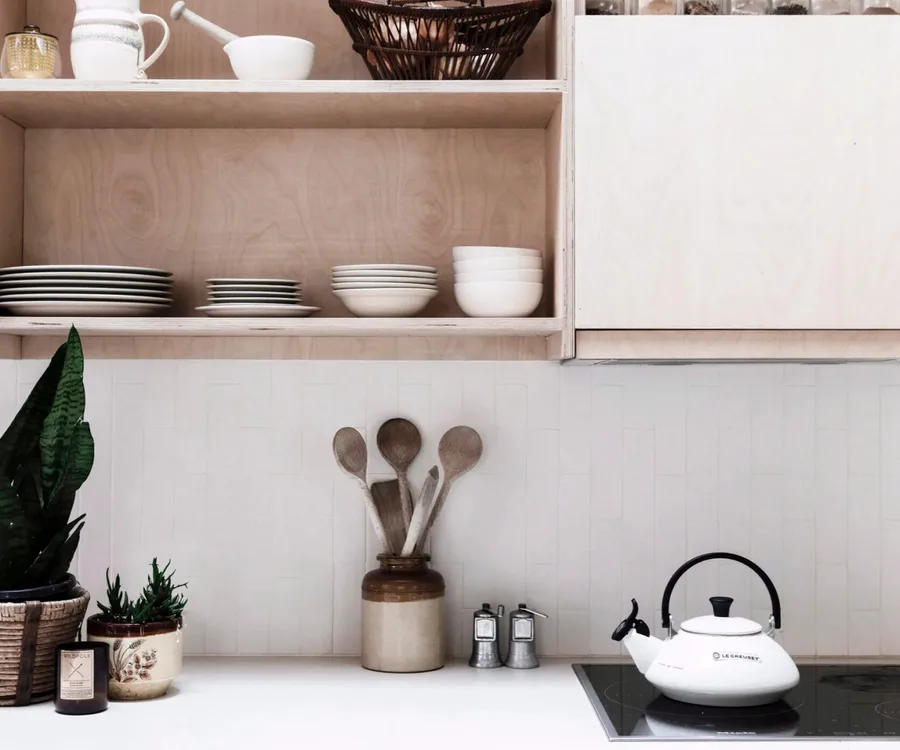 open kitchen timber shelving
