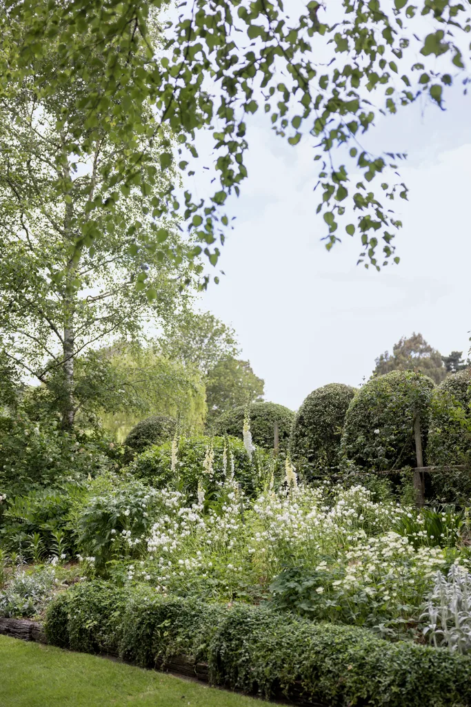 A lush garden with glowers and trees