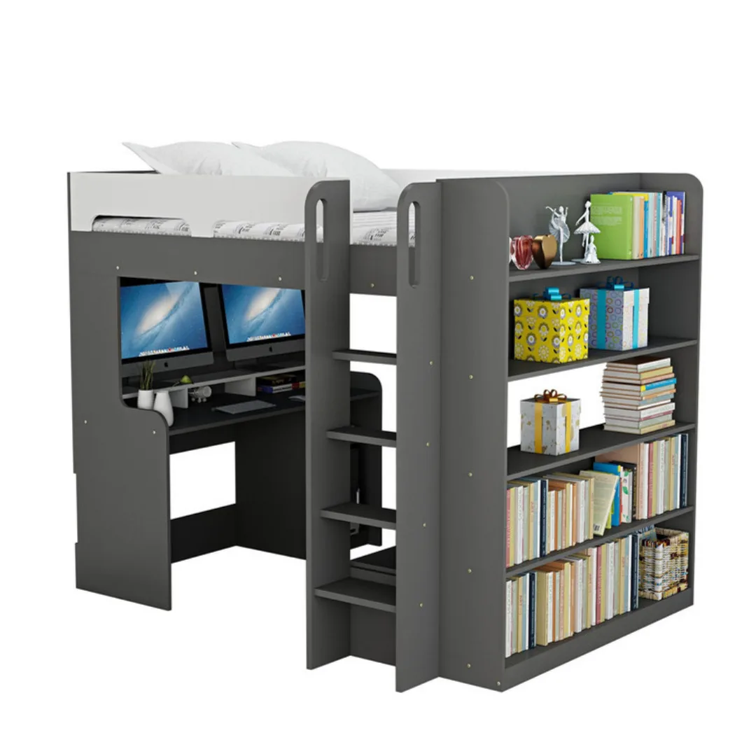 A grey loft bed for teenagers who like to game