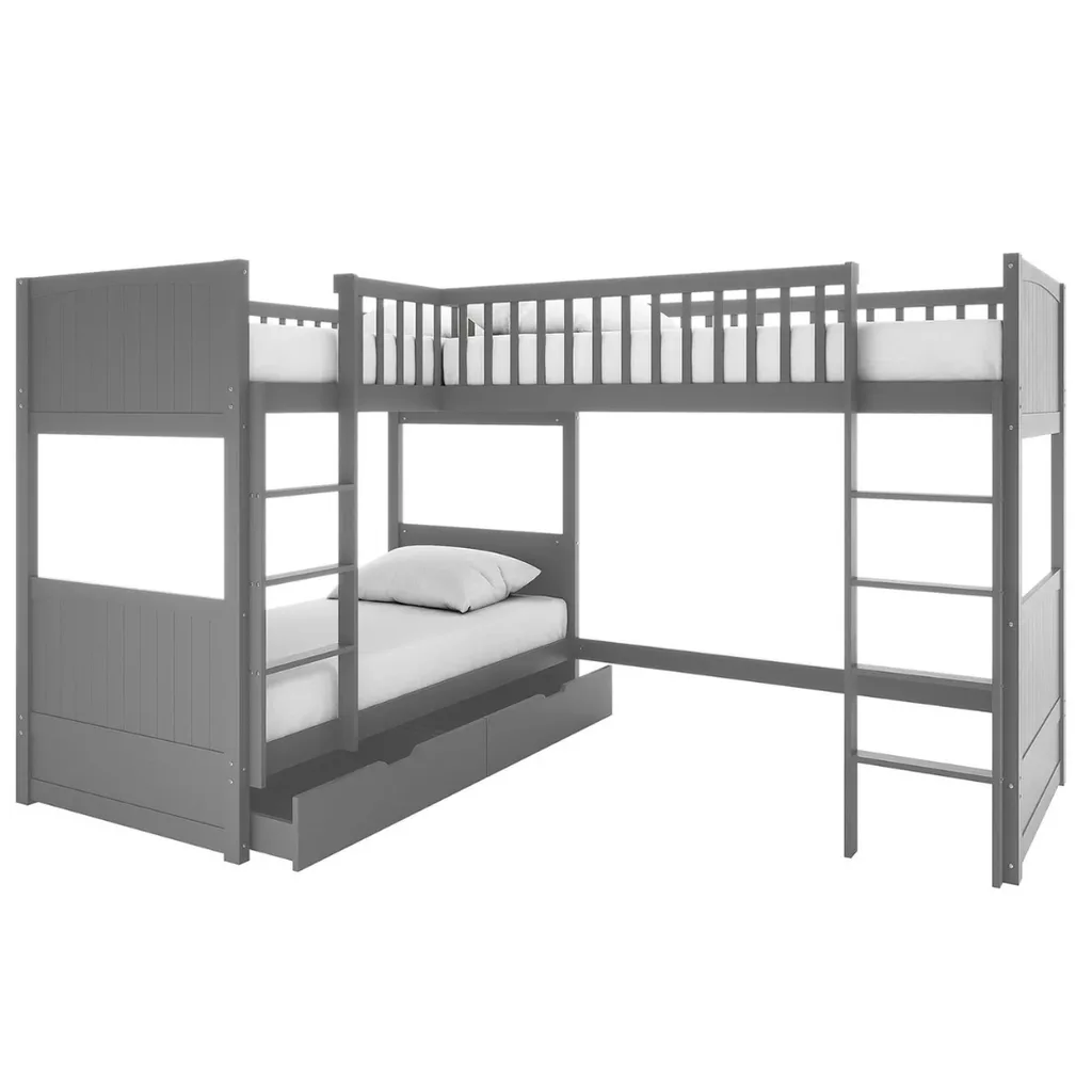 A grey triple sleeper loft bed
