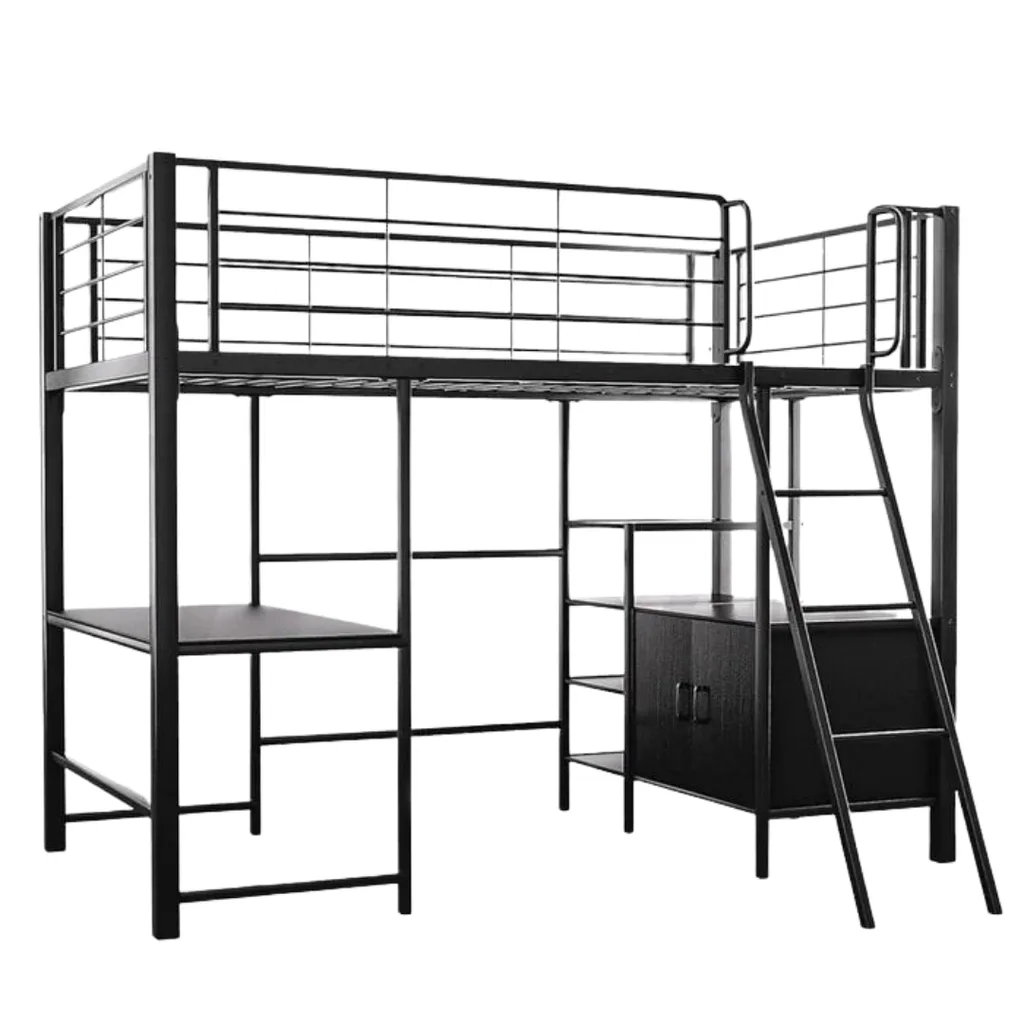 Black framed loft bed with desk