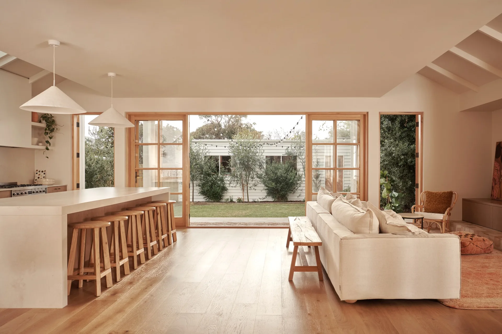Neutral-toned kitchen and living area