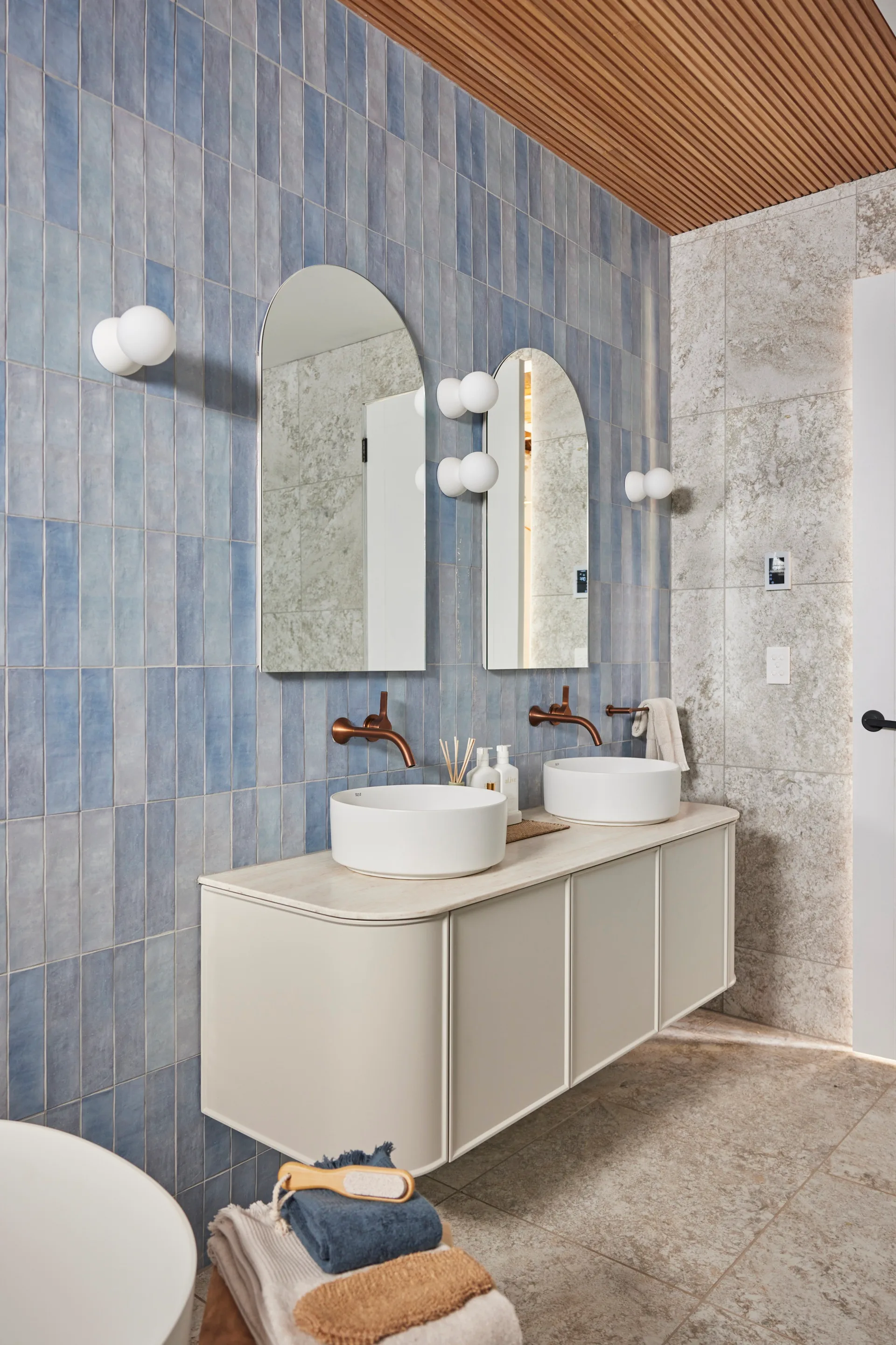 the block 2024 kristian and mimis neutral and blue bathroom