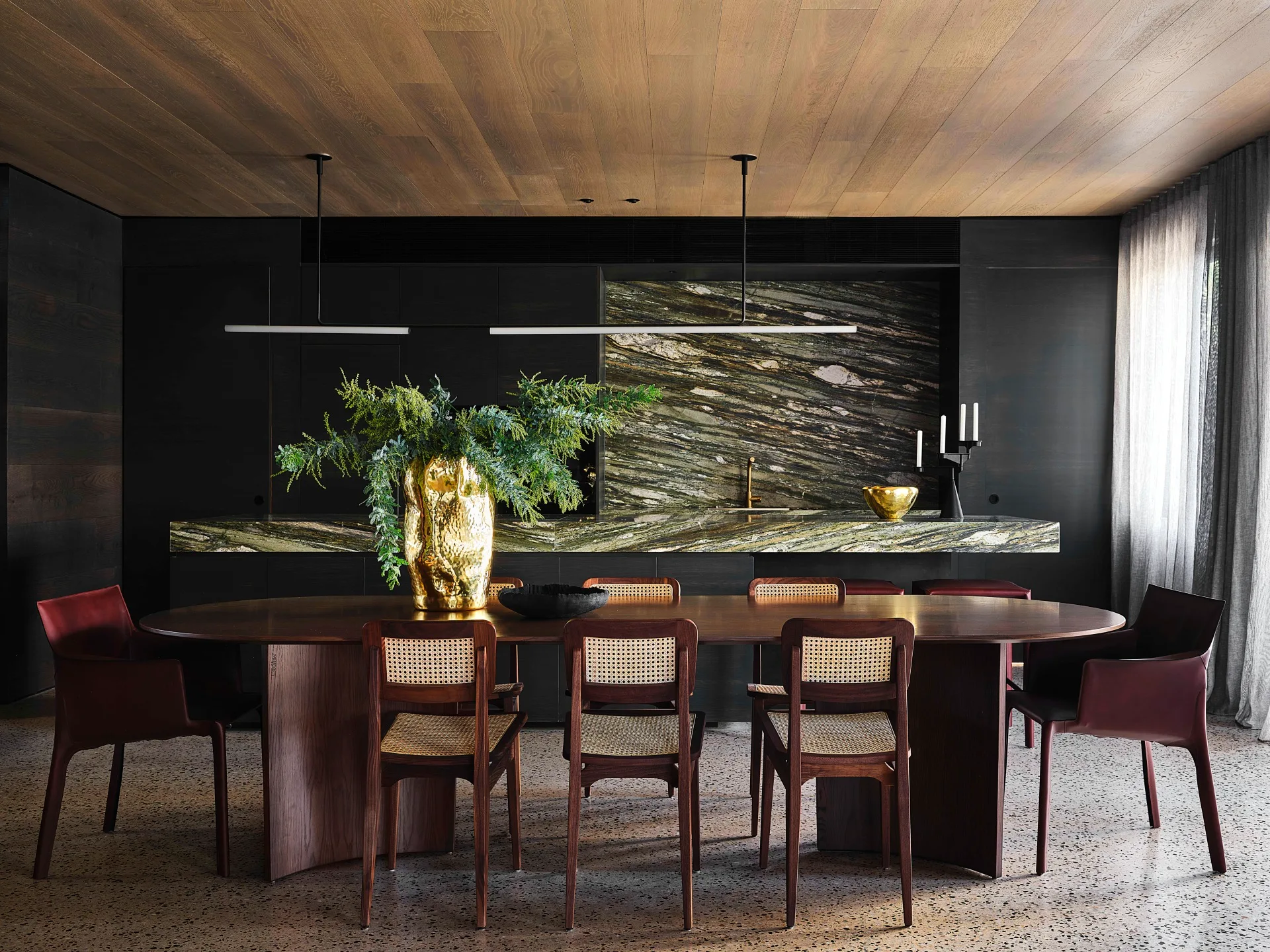 Moody materials in eye-popping shades - walnut table