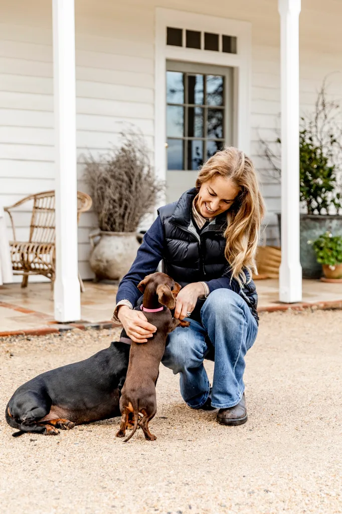 Fiona Moses with dogs at Richmond Hill, Tasmania