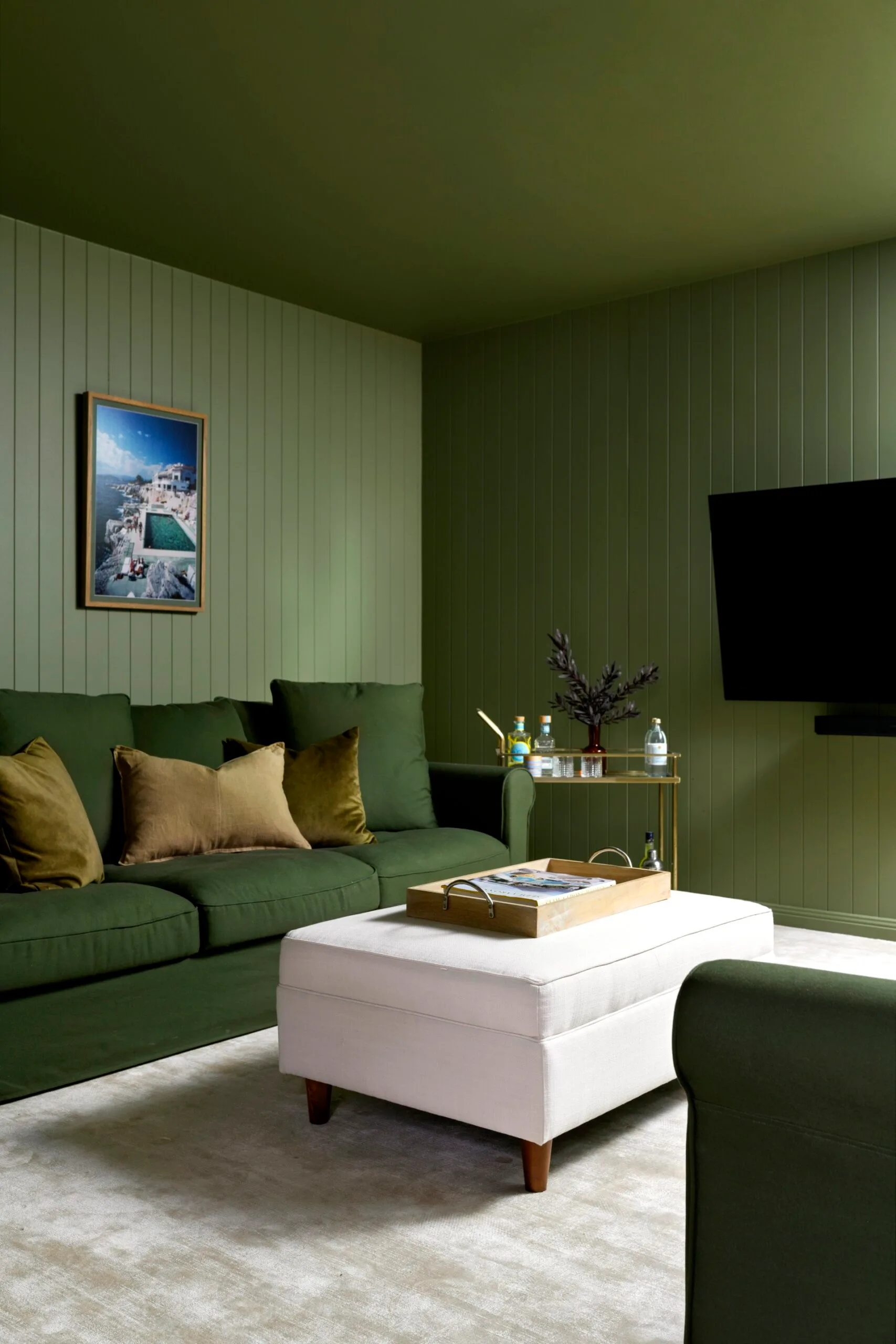 A green lounge area with dark green couches and a neutral-toned rug