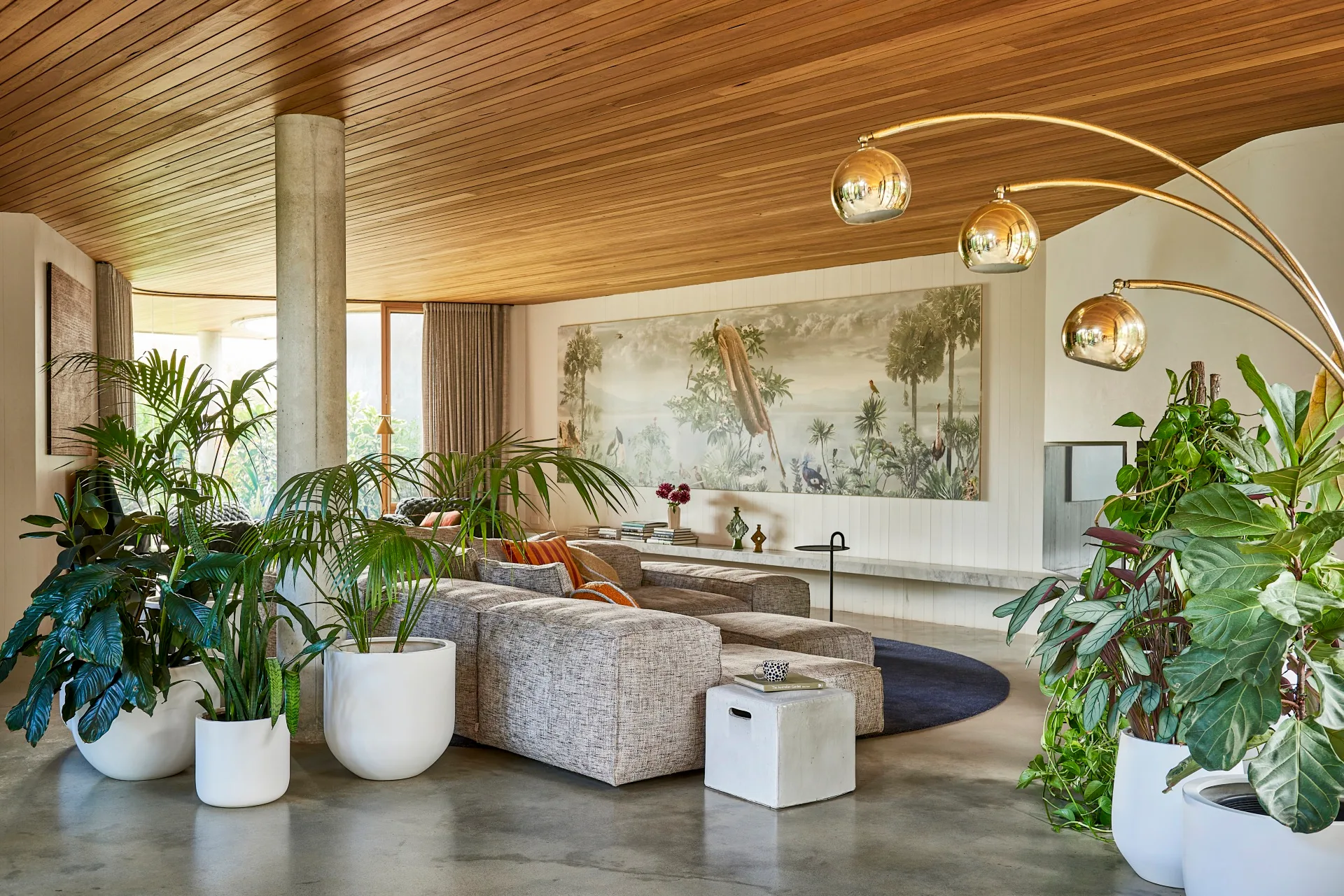 A spacious living space with a grey couch and indoor plants