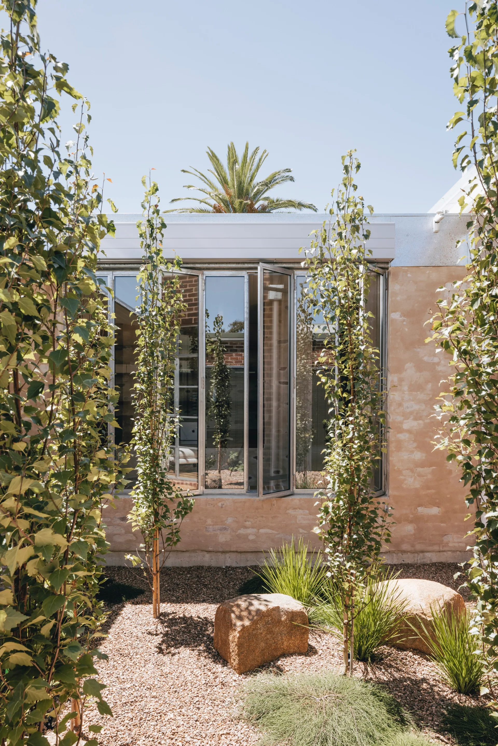 A small garden space outside a heritage home with bi-fold windows